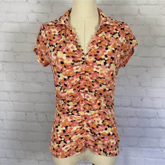 ⭐ 3/$15 Vintage Y2K Nine West Small Pink Orange Floral Collared Ruched Blouse - Picture 1 of 8